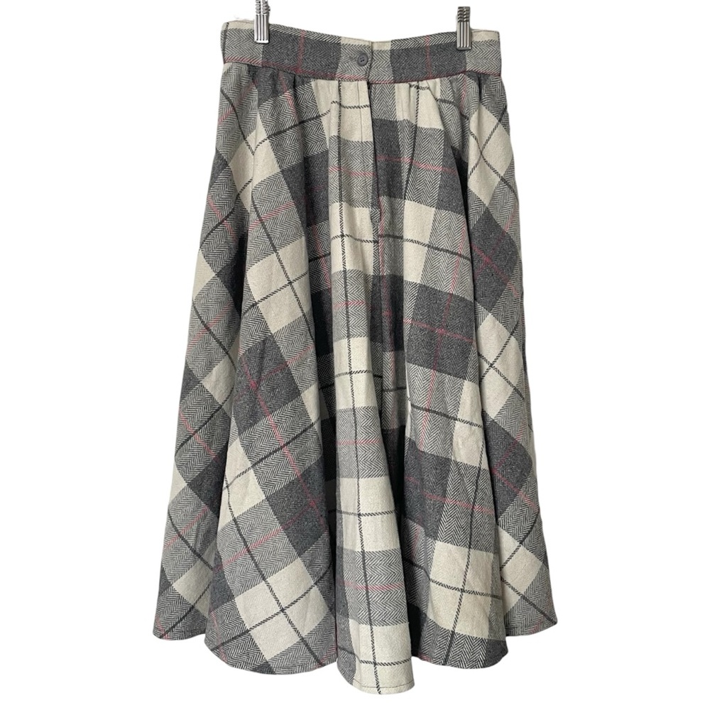 Vintage 90s Plaid Wool Midi Skirt Neutral Academia Quiet Luxury Preppy Small - Picture 2 of 9